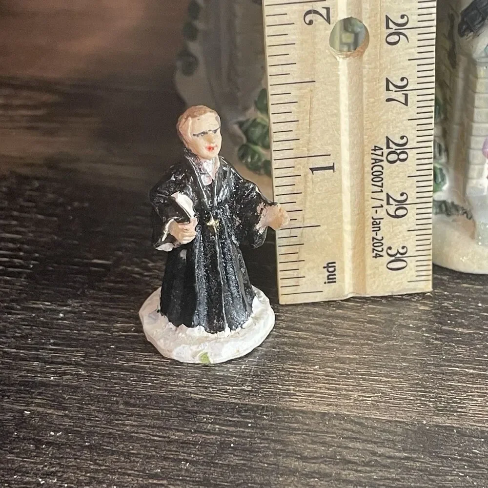 Vintage Porcelain Christmas Village Lot: School, Church & Priest Figurine